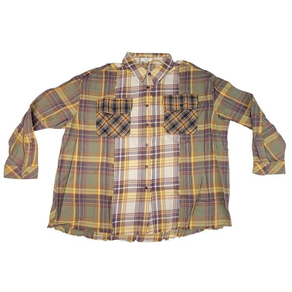 Easel Plaid Shirt Patchwork Button-Up Womens 1X Frayed Hem Pockets New Tags - Picture 3 of 8
